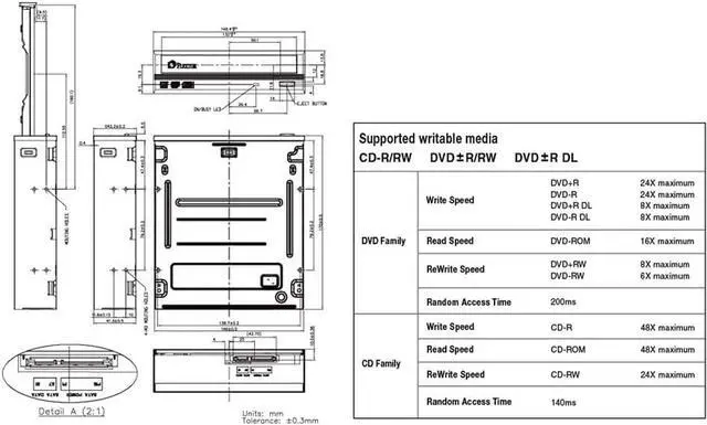 Alt view image 6 of 7 - Plextor PX-891SAF 24X SATA DVD/RW Dual Layer Burner Drive Writer - Black (Bulk)