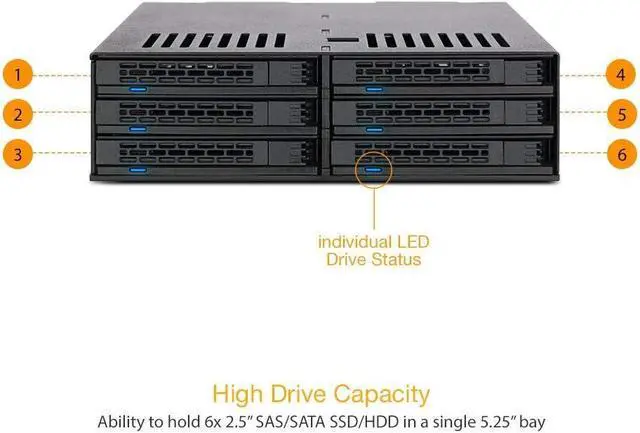 Alt view image 6 of 7 - 6 Bay 2.5 SATA HDD / SSD Hot Swap Tool-Less Backplane Enclosure with Dual Cooling Fan for 5.25 Bay | ExpressCage MB326SP-B