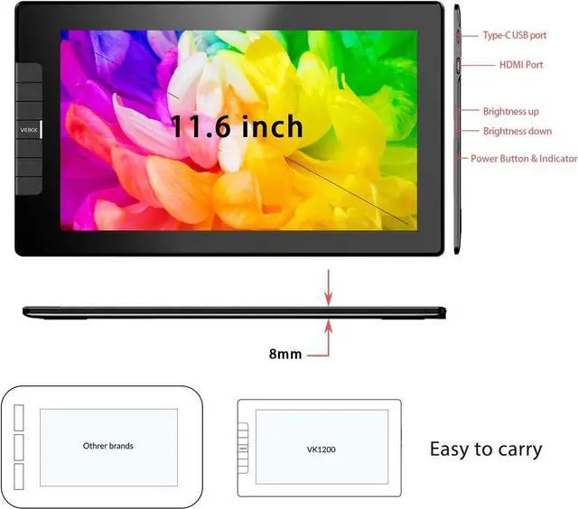 Alt view image 6 of 7 - VEIKK VK1200 11.6 Inch Drawing Monitor Full-Laminated Pen Display with Battery-Free Pen and Tilt Function 8192 Levels Pen Pressure and 6 Customized Keys