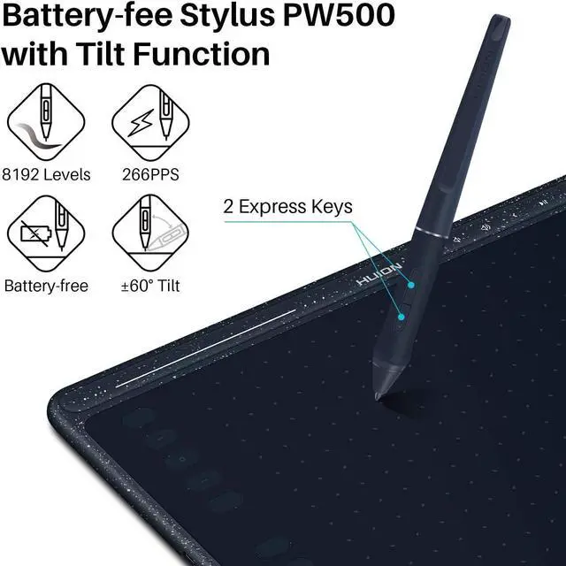 Alt view image 4 of 7 - HS611 Graphics Drawing Tablet Android Supported Pen Tablet Tilt Function Battery-Free Stylus 8192 Pen Pressure with 8 Multimedia Keys 10 Express Keys and Touch Strip(Starry Blue)