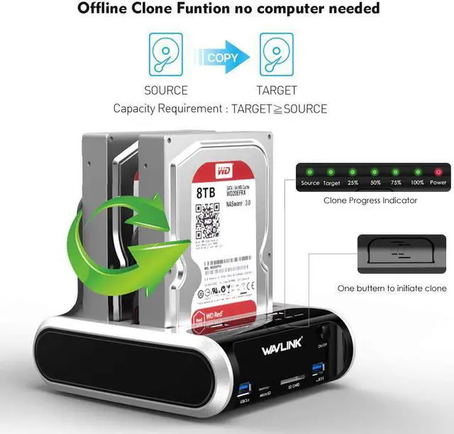 Alt view image 5 of 6 - USB 3.0 to SATA Dual Bay External Hard Drive Docking Station with Offline Clone & UASP(6Gbps) Function, 2 USB 3.0 Port, 2 Charging Port, SD & Micro SD Card Reader for 2.5/3.5 Inch HDD/SSD