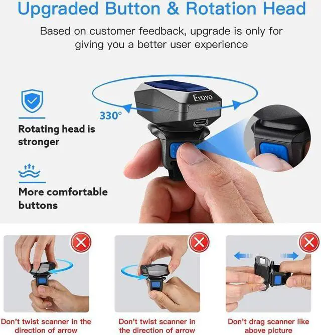 Alt view image 2 of 7 - Upgraded Eyoyo 1D Wireless Ring Barcode Scanner Bluetooth, 3-in-1 USB Wired Inventory Bar Code Scanner Fast Scanning Portable Mini Finger Barcode Reader for Tablet iPhone IPad Android Windows Mac