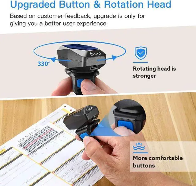 Alt view image 3 of 7 - Upgraded Eyoyo 1D Wireless Ring Barcode Scanner Bluetooth, 3-in-1 USB Wired Inventory Bar Code Scanner Fast Scanning Portable Mini Finger Barcode Reader for Tablet iPhone IPad Android Windows Mac