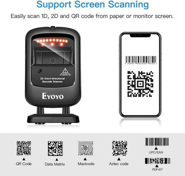 Alt view image 7 of 7 - Eyoyo 1D 2D Desktop Barcode Scanner, Omnidirectional Hands-Free USB Wired Barcode Reader, Capture Barcodes from Mobile Phone Screen, Automatic Image Sensing for Supermarket Library Retail Store