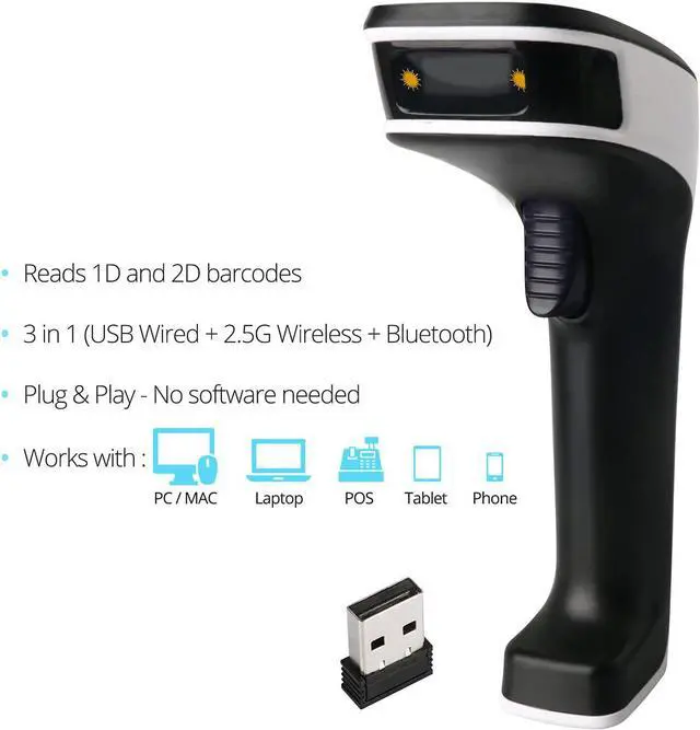 Alt view image 4 of 7 - Portable Wireless Bluetooth Barcode Scanner: 3-in-1 Hand Scanners - Cordless, Rechargeable 1D and 2D Scan Gun for Inventory Management - Wireless, Handheld, USB Bar Code/QR Code Reader