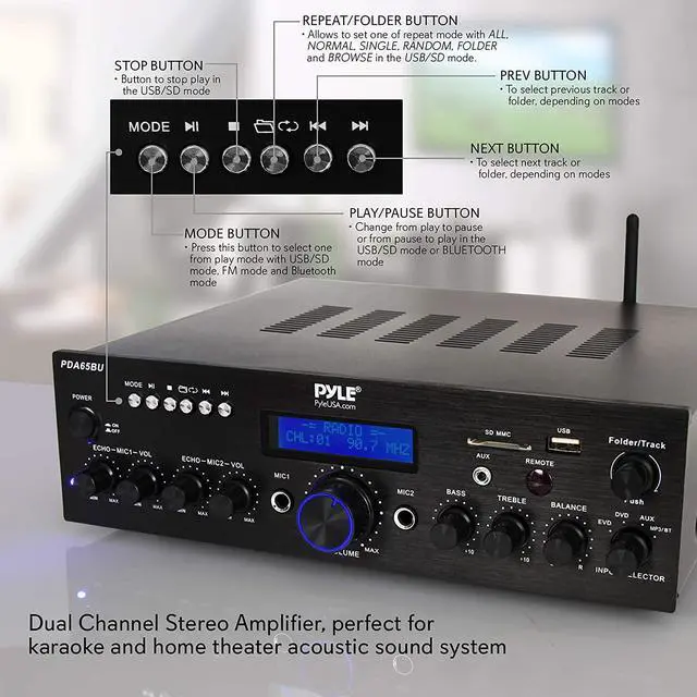 Alt view image 4 of 7 - Wireless Bluetooth Power Amplifier System - 200W Dual Channel Sound Audio Stereo Receiver w/ USB, AUX, MIC IN w/ Echo, Radio - For Home Theater Entertainment via RCA, Studio Use - Pyle PDA65BU,Black