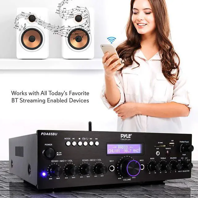 Alt view image 3 of 7 - Wireless Bluetooth Power Amplifier System - 200W Dual Channel Sound Audio Stereo Receiver w/ USB, AUX, MIC IN w/ Echo, Radio - For Home Theater Entertainment via RCA, Studio Use - Pyle PDA65BU,Black