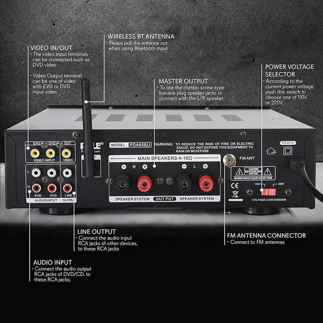 Alt view image 2 of 7 - Wireless Bluetooth Power Amplifier System - 200W Dual Channel Sound Audio Stereo Receiver w/ USB, AUX, MIC IN w/ Echo, Radio - For Home Theater Entertainment via RCA, Studio Use - Pyle PDA65BU,Black