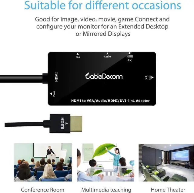 Alt view image 3 of 7 - CableDeconn Multiport 4-in-1 HDMI to HDMI DVI 4K VGA Adapter Cable with Audio Output Adapter Converter (Black)