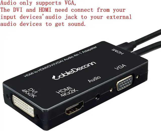 Alt view image 7 of 7 - CableDeconn Multiport 4-in-1 HDMI to HDMI DVI 4K VGA Adapter Cable with Audio Output Adapter Converter (Black)