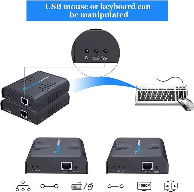 Alt view image 5 of 7 - AGPtEK USB HDMI KVM Extender Over Single Cat 5/5E/6/7 Ethernet Cable- Signal Extension Up to 120m/365Ft- USB Keyboard Mouse Support- Adapter for Residential/Commercial Use