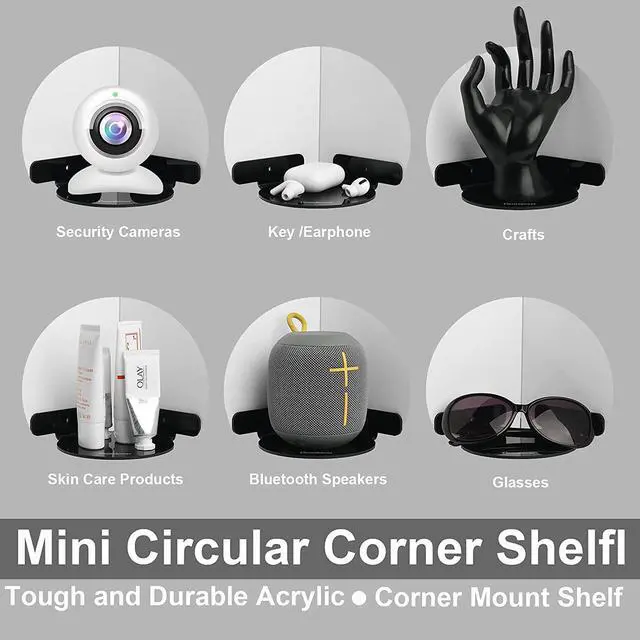 Alt view image 3 of 7 - Acrylic Mini Circular Corner Shelf Mount for Security Cameras, Baby Monitors, Speakers, Plants & More, Universal Cam Holder, Easy to Install, Screwless with Damage-free Replacement Strips (Black)
