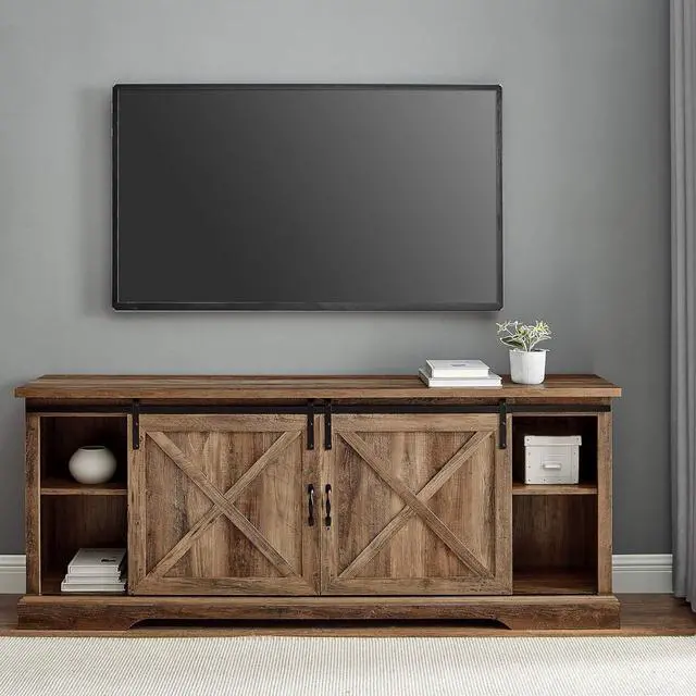 Alt view image 3 of 7 - Walker Edison Corbin Modern Farmhouse TV Stand, Sliding X Barn Door, For TVs Up To 80 Inches, 70 Inch, Reclaimed Barnwood, Rustic Oak