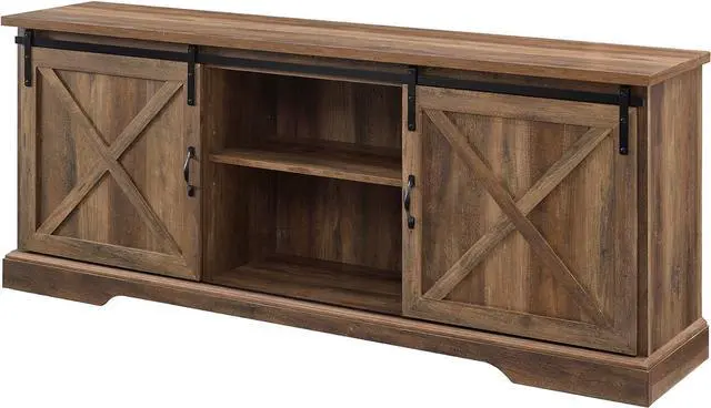Alt view image 4 of 7 - Walker Edison Corbin Modern Farmhouse TV Stand, Sliding X Barn Door, For TVs Up To 80 Inches, 70 Inch, Reclaimed Barnwood, Rustic Oak