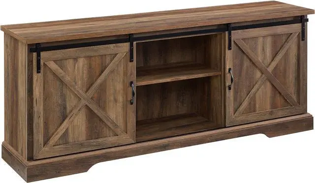 Alt view image 6 of 7 - Walker Edison Corbin Modern Farmhouse TV Stand, Sliding X Barn Door, For TVs Up To 80 Inches, 70 Inch, Reclaimed Barnwood, Rustic Oak