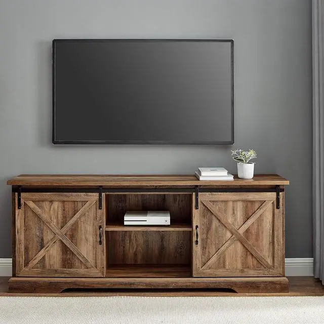 Alt view image 2 of 7 - Walker Edison Corbin Modern Farmhouse TV Stand, Sliding X Barn Door, For TVs Up To 80 Inches, 70 Inch, Reclaimed Barnwood, Rustic Oak