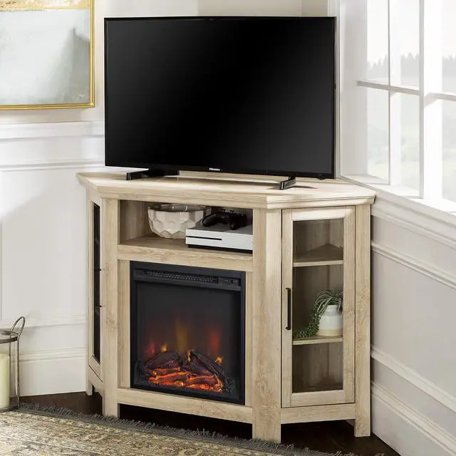 Alt view image 2 of 7 - Walker Edison Alcott Classic Glass Door Fireplace Corner TV Stand for TVs up to 55 Inches, 48 Inch, White Oak