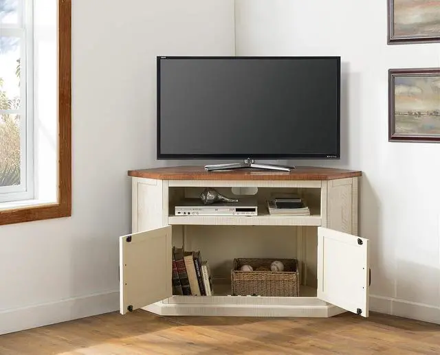 Alt view image 4 of 7 - Martin Svensson Home Rustic Solid Wood Corner TV Stand, Antique White and Honey Tobacco