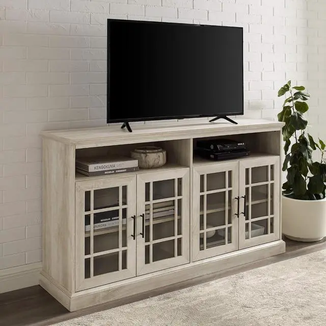 Alt view image 2 of 7 - Walker Edison Classic Glass Door Universal TV Stand for TV's up to 64" Flat Screen Living Room Storage Cabinet Doors and Shelves Entertainment Center, 58 Inch, White Oak