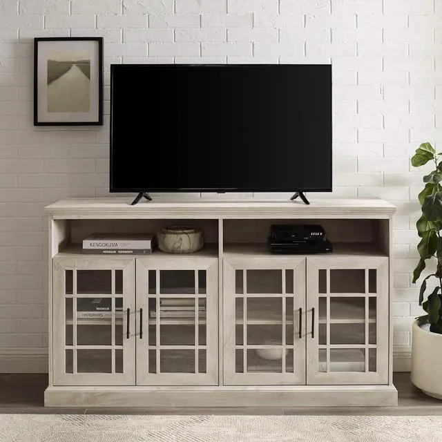 Alt view image 7 of 7 - Walker Edison Classic Glass Door Universal TV Stand for TV's up to 64" Flat Screen Living Room Storage Cabinet Doors and Shelves Entertainment Center, 58 Inch, White Oak