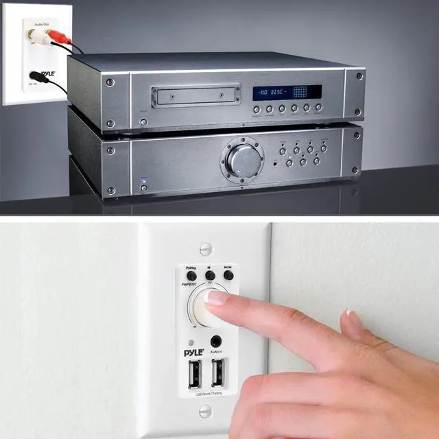 Alt view image 7 of 7 - Bluetooth Receiver Wall Mount - In-Wall Audio Control Receiver w/ Dual USB Charging Port, 3.5mm AUX Input for Sound Systems - For Home Theater Entertainment - Includes DC Power Adaptor - PWPBT67