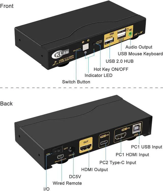 Alt view image 4 of 7 - CKLau 4K@60Hz 2 Port KVM HDMI + USB-C with Audio and Cables, HDMI KVM Switch USB C for 2 Mac/Computers/Mobile Phone Sharing Monitor Keyboard Mouse