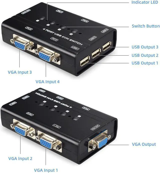 Alt view image 2 of 5 - USB VGA KVM Switch with 4 Cables, 4 Port Selector Switcher for 4PC Sharing One Video Monitor and 3 USB Devices, Keyboard, Mouse, Scanner, Printer