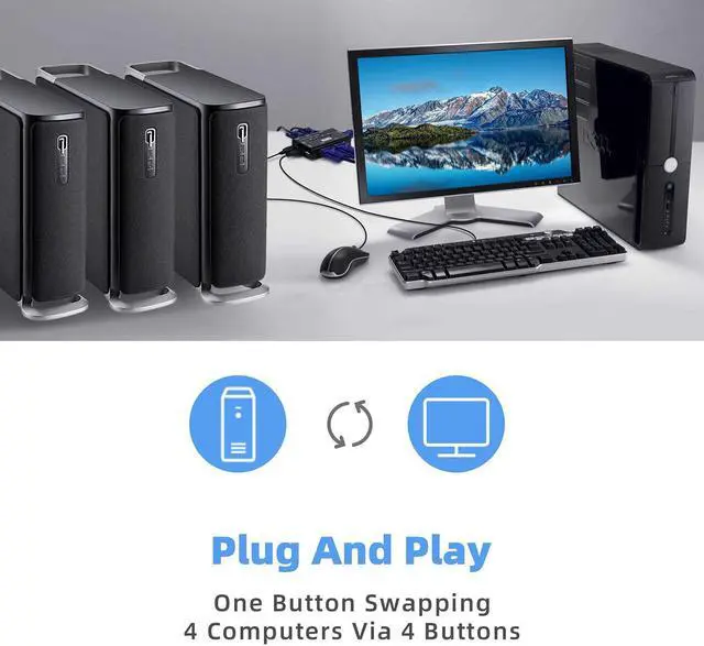 Alt view image 5 of 5 - USB VGA KVM Switch with 4 Cables, 4 Port Selector Switcher for 4PC Sharing One Video Monitor and 3 USB Devices, Keyboard, Mouse, Scanner, Printer