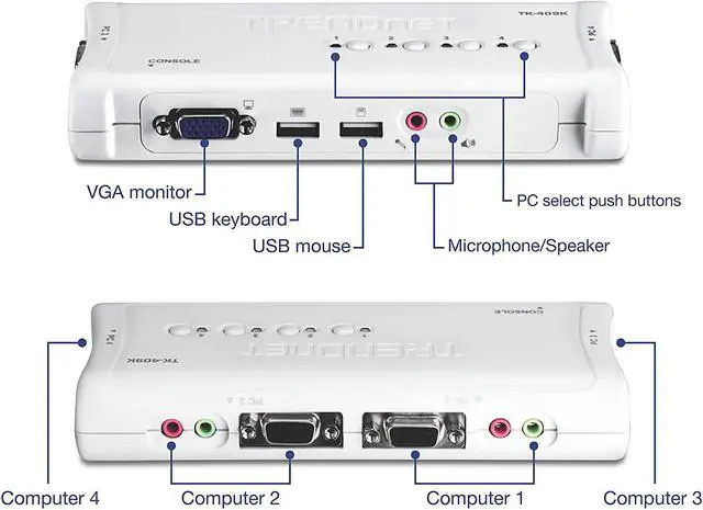 Alt view image 2 of 7 - 4-Port USB KVM Switch and Cable Kit With Audio, Manage 4 Computers, USB Switch, Windows, Linux, Auto-Scan, Plug And Play, Hot Pluggable, 2048 x 1536 VGA Resolution, White, TK-409K