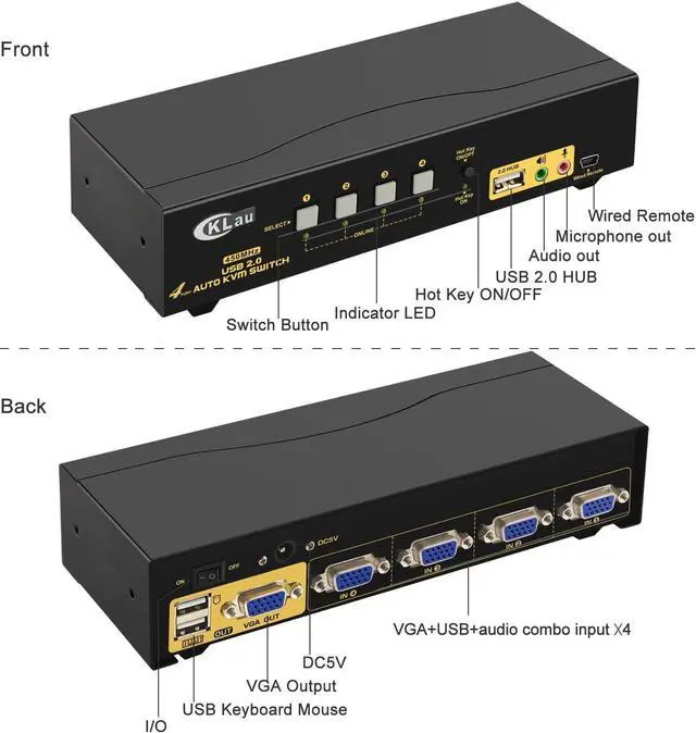 Alt view image 4 of 7 - CKLau 4 Port 450MHz USB Auto VGA KVM Switch with Audio and Cables, Monitor Switch for Multiple Computers Support Windows, Linux, Mac, Debian, Ubuntu, Fedora, Raspbian, Ubuntu
