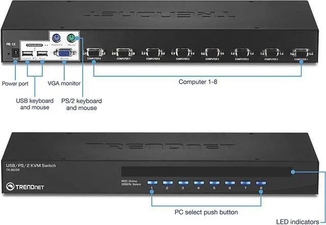 Alt view image 2 of 7 - TRENDnet 8-Port USB/PS2 Rack Mount KVM Switch, TK-803R, VGA & USB Connection, Supports USB & PS/2 Connections, Device Monitoring, Auto Scan, Audible Feedback, Control up to 8 Computers/Servers