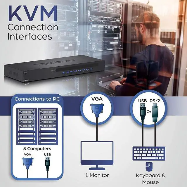 Alt view image 4 of 7 - TRENDnet 8-Port USB/PS2 Rack Mount KVM Switch, TK-803R, VGA & USB Connection, Supports USB & PS/2 Connections, Device Monitoring, Auto Scan, Audible Feedback, Control up to 8 Computers/Servers