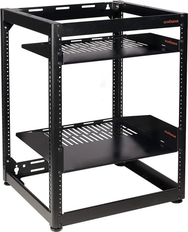 Main image of ECHOGEAR 15U Open Frame Rack for Servers & AV Gear - Wall Mountable Design Includes 2X Vented Shelves, 25x Rack Mounting Screws, 4X Leveling Feet, 4X Shelf Stops, & 2X Securement Straps