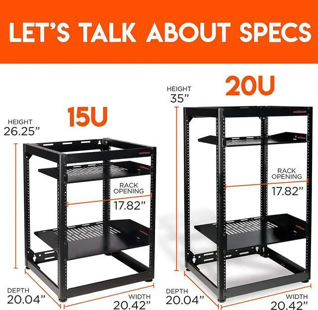 Alt view image 3 of 7 - ECHOGEAR 20U Open Frame Rack for Servers & AV Gear - Wall Mountable Design Includes 2x Vented Shelves, 25x Rack Mounting Screws, 4x Leveling Feet, 4x Shelf Stops, & 2x Securement Straps