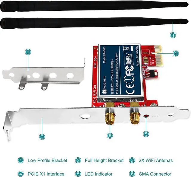 Alt view image 7 of 7 - FebSmart Wireless N 2.4GHz 300Mbps PCIe Wireless Network Adapter for Windows 10 8.1 8 7 XP Server(32/64bit) and Linux PCs ,PCIe WiFi Card,PCIe WiFi Adapter(FS-N300)