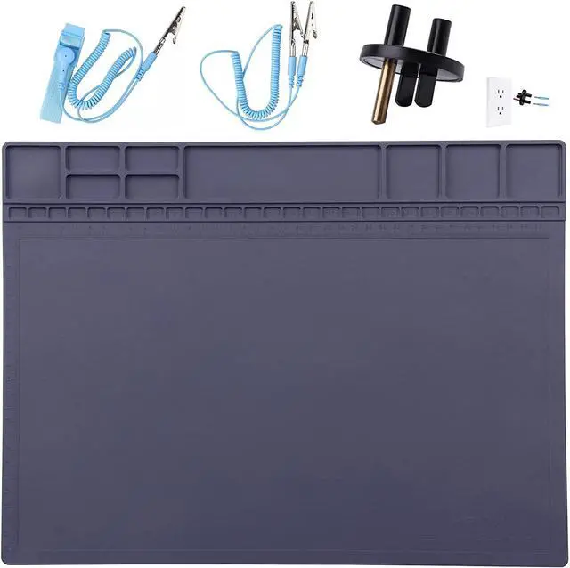 Main image of Anti-Static Mat ESD Safe for Electronic Includes ESD Wristband and Grounding Wire, HPFIX Silicone Soldering Repair Mat 932°F Heat Resistant for iPhone iPad iMac, Laptop, Computer, 15.9 x 12 Grey