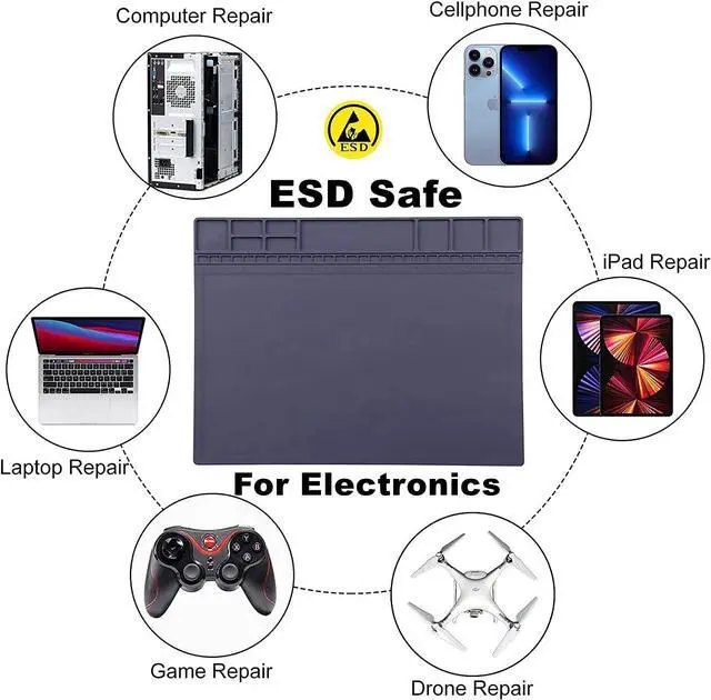 Alt view image 7 of 7 - Anti-Static Mat ESD Safe for Electronic Includes ESD Wristband and Grounding Wire, HPFIX Silicone Soldering Repair Mat 932°F Heat Resistant for iPhone iPad iMac, Laptop, Computer, 15.9 x 12 Grey