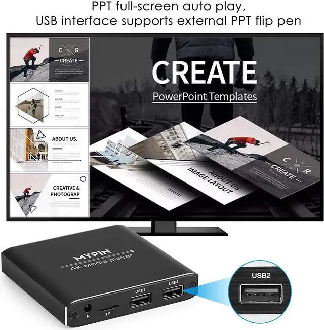 Alt view image 5 of 7 - 4K Media Player with Remote Control, Digital MP4 Player for 8TB HDD/USB Drive/TF Card/H.265 MP4 PPT MKV AVI Support HDMI/AV/Optical Out and USB Mouse/Keyboard-HDMI up to 7.1 Surround Sound (Black)