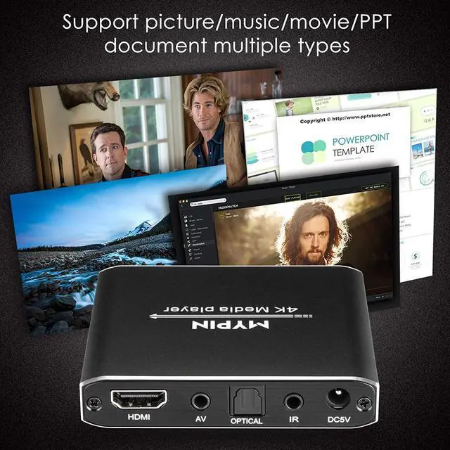 Alt view image 6 of 7 - 4K Media Player with Remote Control, Digital MP4 Player for 8TB HDD/USB Drive/TF Card/H.265 MP4 PPT MKV AVI Support HDMI/AV/Optical Out and USB Mouse/Keyboard-HDMI up to 7.1 Surround Sound (Black)