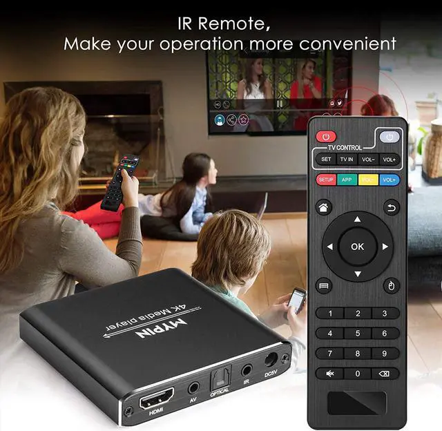 Alt view image 7 of 7 - 4K Media Player with Remote Control, Digital MP4 Player for 8TB HDD/USB Drive/TF Card/H.265 MP4 PPT MKV AVI Support HDMI/AV/Optical Out and USB Mouse/Keyboard-HDMI up to 7.1 Surround Sound (Black)