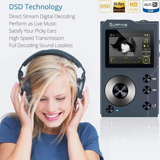 Alt view image 2 of 7 - Surfans F20 HiFi MP3 Player with Bluetooth, Lossless DSD High Resolution Digital Audio Music Player, High-Res Portable Audio Player with 32GB Memory Card, Support up to 256GB