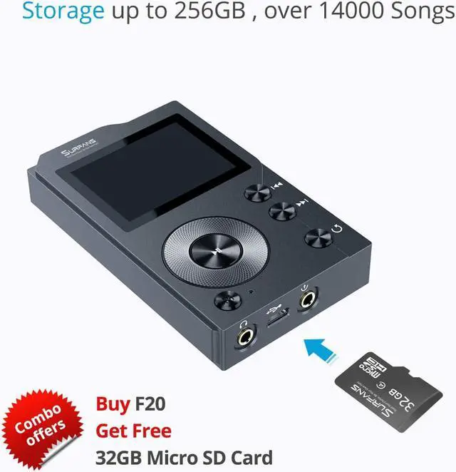 Alt view image 7 of 7 - Surfans F20 HiFi MP3 Player with Bluetooth, Lossless DSD High Resolution Digital Audio Music Player, High-Res Portable Audio Player with 32GB Memory Card, Support up to 256GB