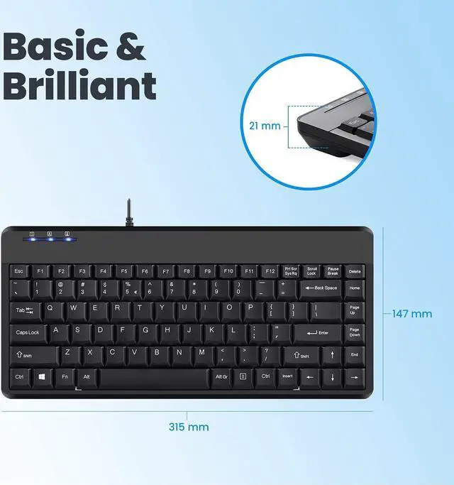 Alt view image 5 of 7 - Perixx PERIBOARD-409H Wired USB Mini Keyboard with 2 USB Hubs, Black, US English Layout