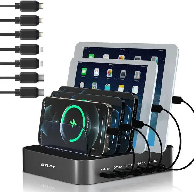Main image of Charging Station for Multiple Devices, MSTJRY USB Charging Station Dock Switch Cell Phone 5 Port Charger Station, Designed for Apple iPhone iPad Cell Phone Tablet, Gunmetal