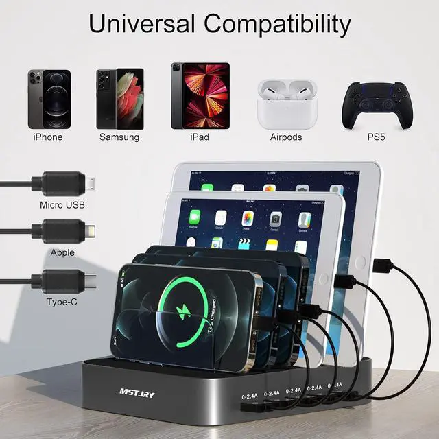 Alt view image 4 of 7 - Charging Station for Multiple Devices, MSTJRY USB Charging Station Dock Switch Cell Phone 5 Port Charger Station, Designed for Apple iPhone iPad Cell Phone Tablet, Gunmetal