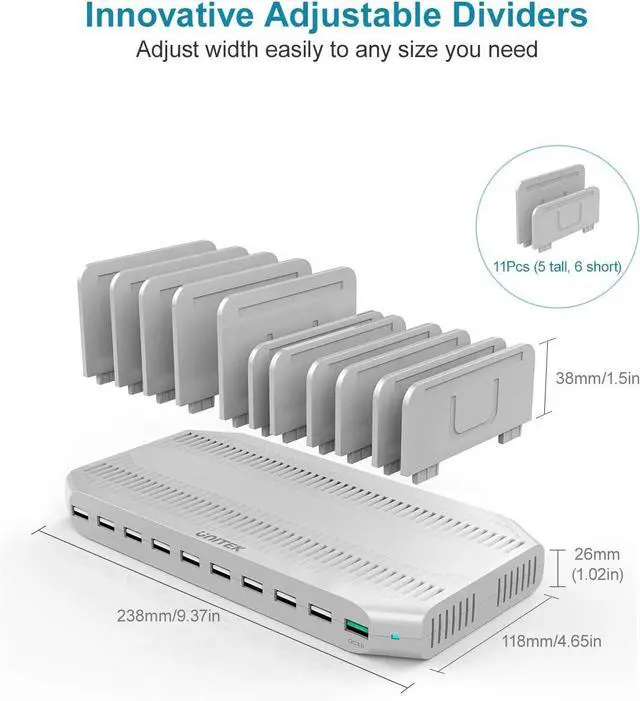 Alt view image 2 of 7 - Unitek Charging Station for Multiple Devices, USB Charging Dock with Adjustable Dividers, QC 3.0 and SmartIC, iPhone, iPad, Tablet Organizer Stand-(UL Certified)