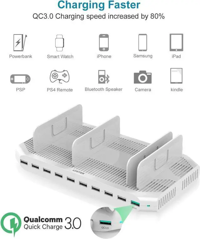 Alt view image 3 of 7 - Unitek Charging Station for Multiple Devices, USB Charging Dock with Adjustable Dividers, QC 3.0 and SmartIC, iPhone, iPad, Tablet Organizer Stand-(UL Certified)