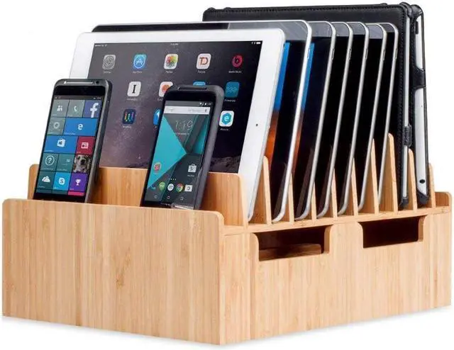 Main image of MobileVision Bamboo 10-Port Charging Station & Docking Organizer for Smartphones & Tablets, Family-Sized, for use in Corporate Offices & Classrooms