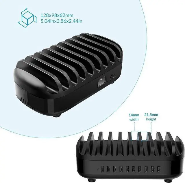 Alt view image 5 of 7 - 120W Charging Station for Multiple Devices 10 Ports Smart USB Charging Docking Organizer with Cooling Fan Compatible for iPhone, iPads, Samsung, Android Phone and Tablets (Cables not Included)