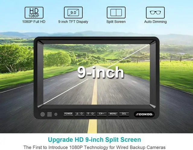 Alt view image 2 of 7 - Fookoo  HD 1080P 9" Wired Backup Camera System, 9-inch DVR Dual Split Screen Monitor, IP69 Waterproof Rear View Camera for Truck/Trailer/Box Truck/RV, Loop Record, Parking Lines (DY912)